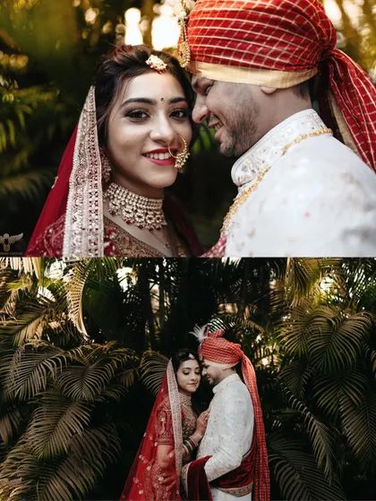 A diptych of romantic close-ups. These shots capture the couple's loving expressions and the beautiful, warm lighting of their outdoor portrait session.