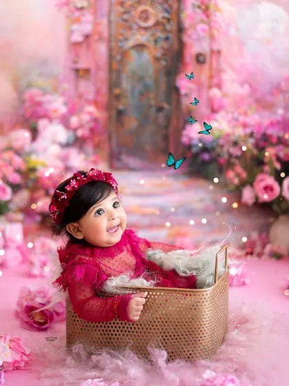 Looking up at the magical butterflies, this baby is completely enchanted during her six-month milestone session.