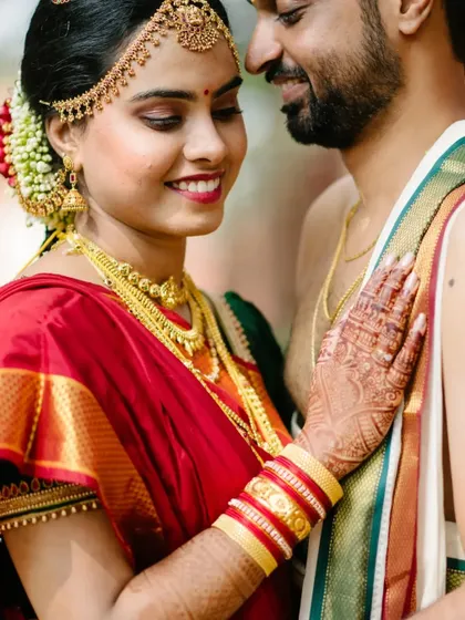 A close-up, romantic portrait of a Tamil bride and groom, highlighting the bride's traditional gold jewellery and the couple's affectionate bond.