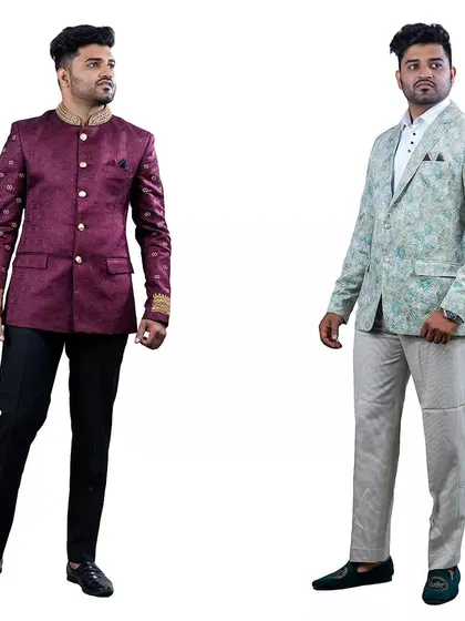 A range of Jodhpuri suits, from a rich maroon with embroidered cuffs to a printed pastel green, available for rent.