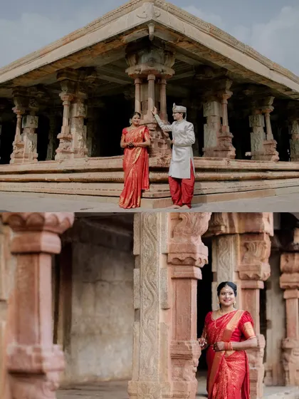 A collage featuring the couple and the bride individually within the temple's stone-pillared halls, demonstrating our ability to use the environment for varied portraits.