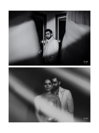 A creative black and white diptych, using sheer fabric to create artistic light and shadow effects for a moody couple portrait.