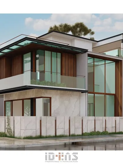 This 3D visualization for the Shakti Kumar residence features a bold composition of glass, stone, and wood. The large glass box in the center is a key feature, designed to flood the interiors with light.