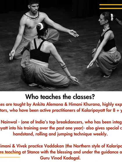 Our Kalaripayattu classes are taught by Himani and Ankita, who have been practitioners for over 8 years. Top breakdancer Vivek also gives special classes on handstands and jumps.