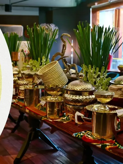Another view of our indulgent Navratri feast setup. The use of traditional brass pots and lush green plants creates a rich and authentic atmosphere for your divine celebration.