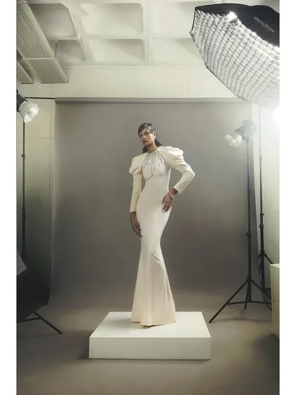The final, polished shot from the studio setup. This image shows a clean, elegant look achieved with precise lighting and styling, perfect for a brand lookbook.