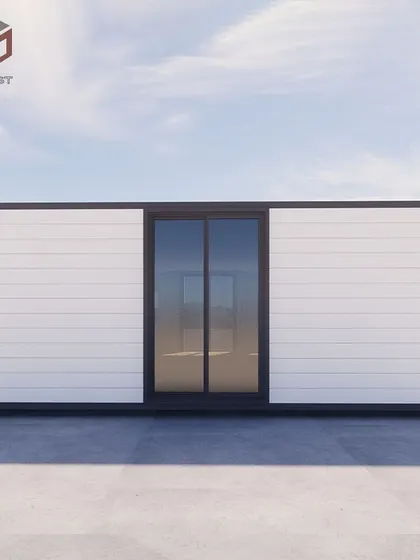 This render shows a modern 30ft container home with a sleek, minimalist facade and a central sliding glass door. It's a perfect design for a stylish backyard office, studio, or guest house.