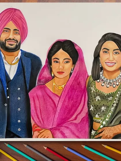A grand A2 size family portrait created with colored pencils. I took care to render the different traditional outfits with detail, bringing three people together in one frame.