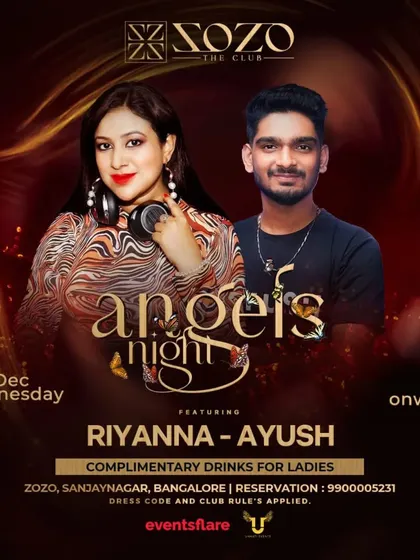 The poster for another "Angels Night" at Zozo, this time featuring me alongside DJ Ayush for a special Bollywood night.