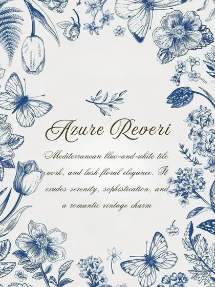 The theme board for 'Azure Reverie', describing the Mediterranean-inspired concept with its serene blue and white palette and romantic vintage charm.