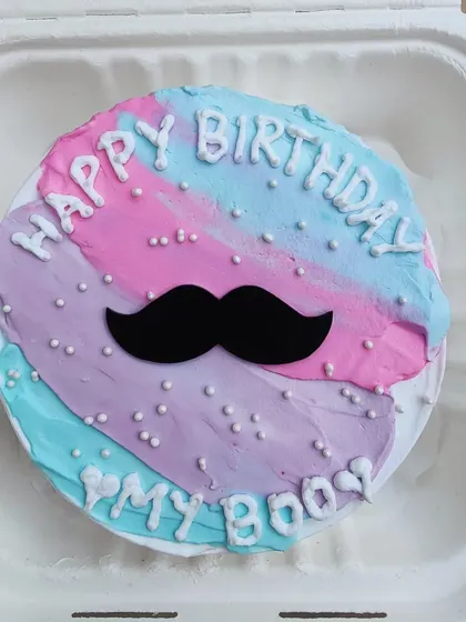 A fun bento cake for "my boo" with a watercolor background and a mustache accent.