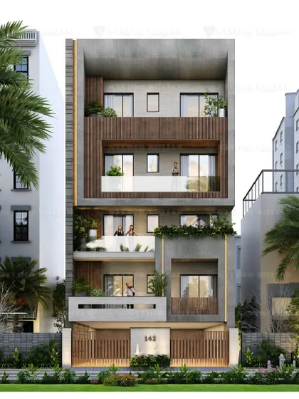 A frontal view of the Janakpuri project, showing the symmetry and the strong vertical and horizontal lines that define the architecture.