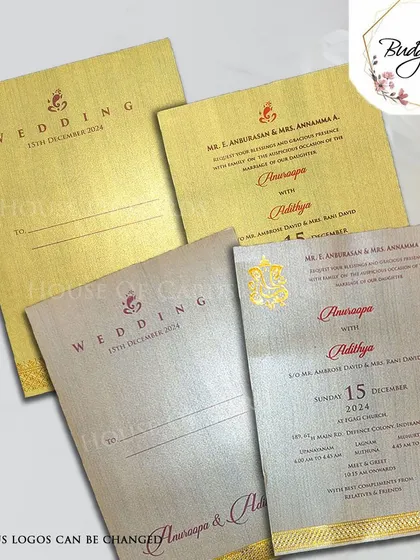 A simple yet elegant traditional invitation on textured gold paper, with a Ganesha motif that can be customized for any faith.