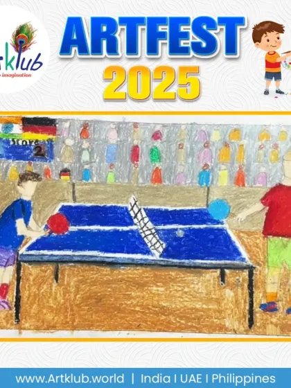 A table tennis match is the subject of this detailed junior artwork. The artist included a scoreboard with flags, adding an international flavour to the competition.
