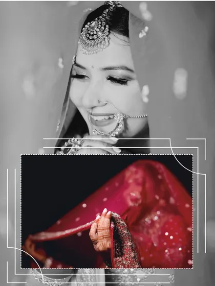 An artistic portrait of the bride, blending a black and white image with a color pop on her red veil.