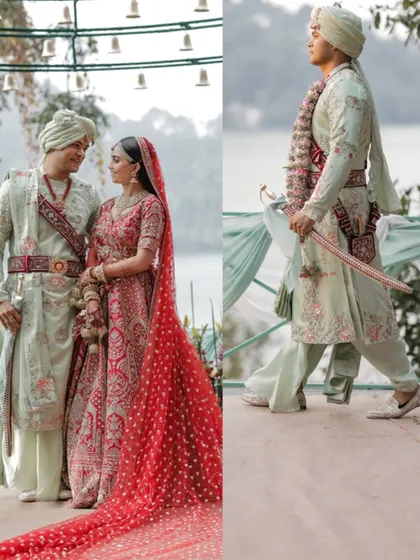 A collage showing the groom's regal entry and a portrait with his bride at their Naukuchiatal wedding.