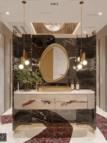 This unique vanity area is part of a larger dressing room. It features a custom-painted cabinet, an organic-shaped mirror, and elegant pendant lights, all set against a backdrop of black marble and a peacock-inlay floor.