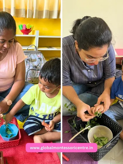 A closer look at the concentration on the children's faces as they carefully pluck leaves from the stem, a simple task that builds significant developmental skills.