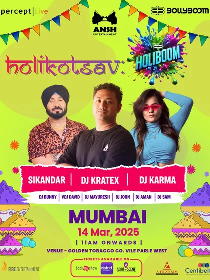 The official poster for "Holikotsav" in Mumbai, showcasing the headlining DJs. We partner with local entertainment groups to expand our festival's reach.