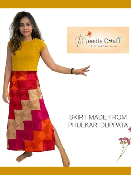 Even a dupatta can be the star of a new outfit. This client's old Phulkari dupatta had beautiful embroidery that we wanted to showcase, so I redesigned it into this vibrant, modern skirt with a side slit.