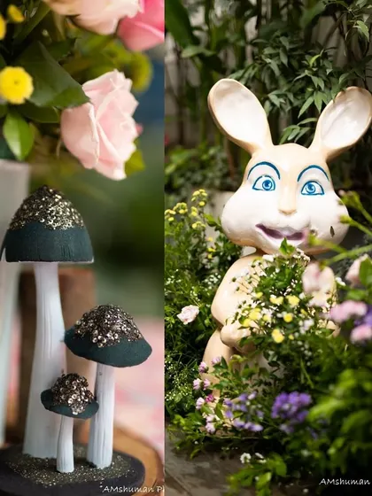 Close-up shots of our woodland theme decor, including glitter-topped mushroom props and a cute rabbit statue nestled in flowers. These small details add to the overall magical feel.