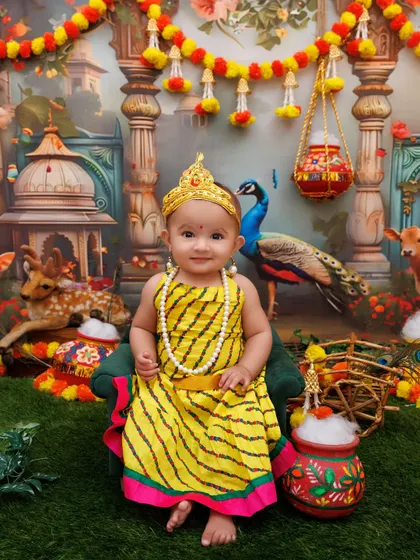 A beautiful portrait of a baby girl as Radha, sitting sweetly in the full Gokul-themed setup.