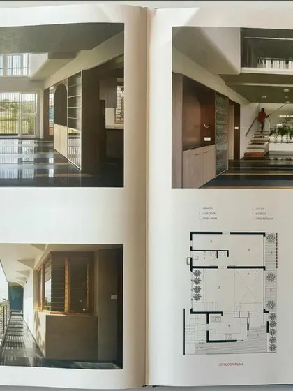 A page from a publication showing the interior spaces and floor plans of "House Belaku." The layout 전략적으로 places open volumes to draw in light from the north and east.
