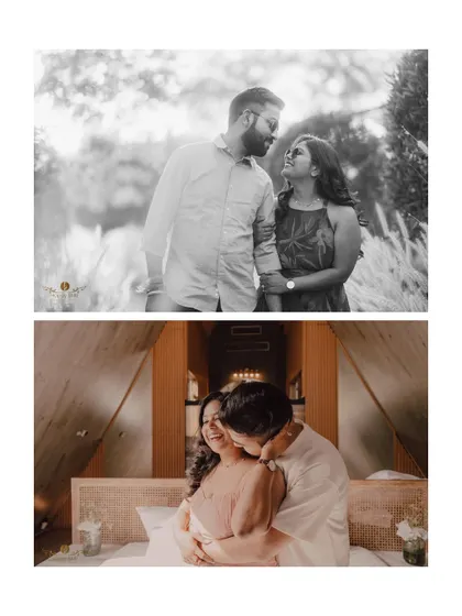 A collage showing two different moods: a classic black and white outdoor portrait and a cozy, intimate indoor embrace. This demonstrates the variety I can capture in a single pre-wedding session.