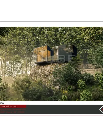 A render showing the villa perched on a cliff, demonstrating how pre-engineered structures can adapt to challenging sites.