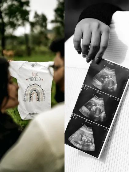 A collage that pairs a close-up of the sonogram with a shot of the couple holding a "Little Miracle" onesie, emphasizing the preciousness of this new life.
