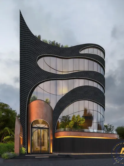 For this multipurpose commercial building on Link Road, Delhi, I used the principles of fluid architecture. The facade's sleek aluminum shingles and glass create flowing, unconventional lines, making a bold statement in a premium commercial locality.