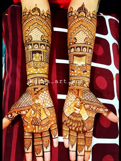 A complete bridal design with couple portraits, palace architecture, and traditional motifs covering the hands and arms.