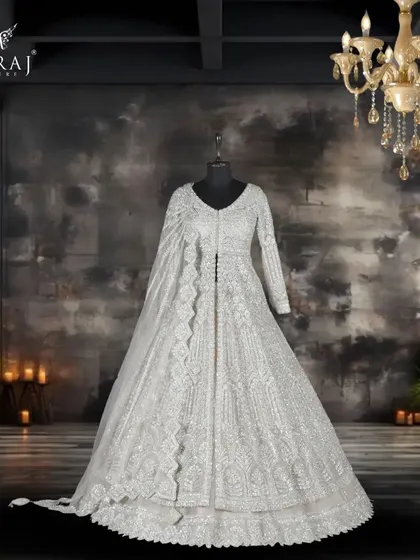 Enhance your grace with this beautiful light grey Indo-Western featuring intricate Persian embellishments and a designer veil.