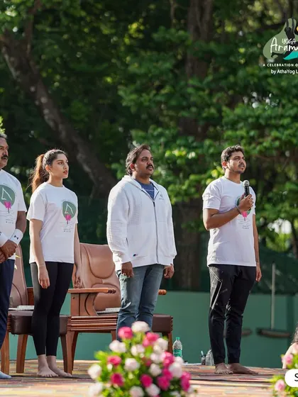Our team and special guests standing together on stage at Yoga Arambha 2024. This event is a collaborative effort, and we are grateful for everyone who helps make it a success.
