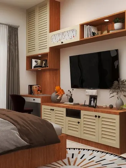 A bedroom TV unit with louvered cabinet doors in a light wood finish, paired with a mint green accent. This design is part of a cohesive set that includes the wardrobe and study unit.