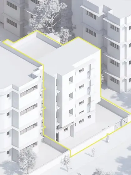 An isometric "clay" render of 'Project 42', showing the building's massing and context before materials are applied. This helps in studying the form and its relationship with the neighboring structures.