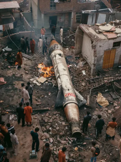 A ground-level view of a rocket crash site. This kind of imagery helps establish the gritty, dangerous atmosphere of Rocketganj, providing a stark contrast to the futuristic dreams the town is built on.