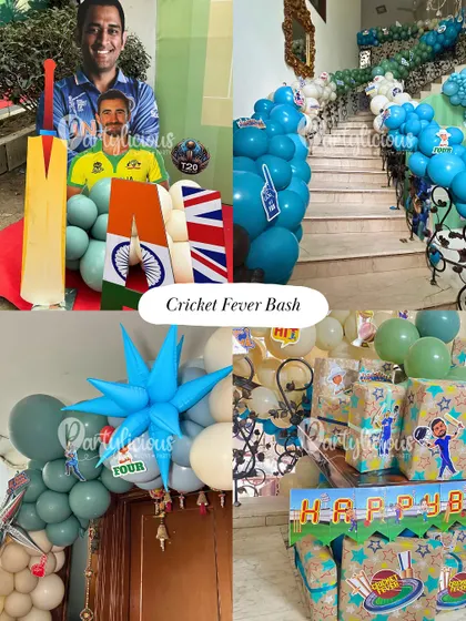 For the little champion in your life, a Cricket Fever Bash is the perfect theme. This setup includes everything from custom backdrops featuring favorite players to balloon arrangements in team colors and fun cricket-themed party favors.