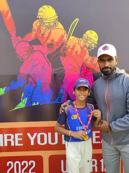 Addyant Konar, the Performer of the Match, being congratulated by a coach. We recognize players who give their all for the team.