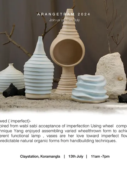 Meet Yang, one of our exhibiting artists at Arangetram. Influenced by her grandparents' slow 'ikigai' lifestyle, her work is a mosaic of experiences driven by curiosity. Her collection, "Flawed (imperfect)," is inspired by the wabi-sabi acceptance of imperfection, using composite techniques to create organic, functional forms.