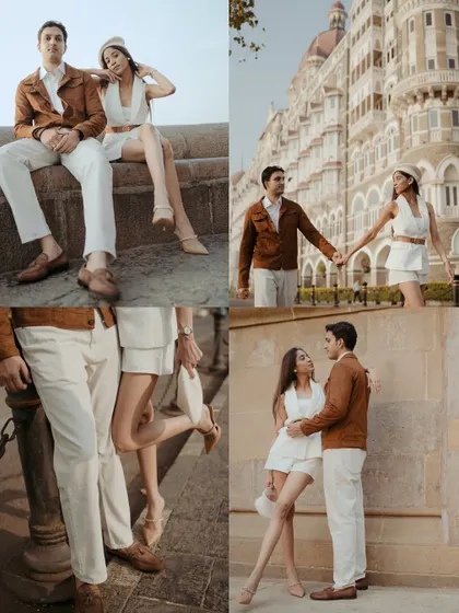 A four-panel collage highlighting key moments from the couple's Mumbai shoot. It showcases their stylish outfits, romantic interactions, and the grand architecture of the city, creating a mini-narrative.