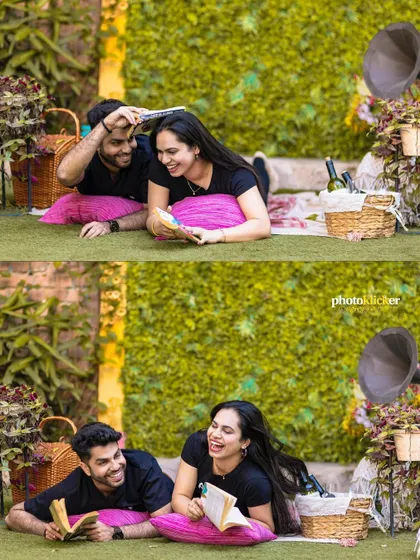 A collage of a couple sharing a laugh during a playful picnic-themed shoot, capturing their natural and fun-loving chemistry.