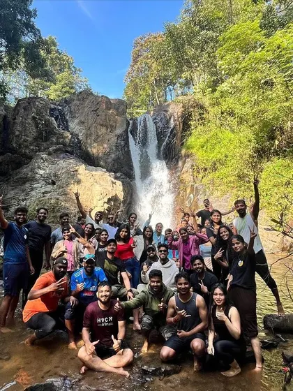 A full group picture at a waterfall near Netravati. A refreshing dip is the perfect way to celebrate the end of a great trek.
