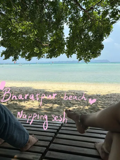 A napping session at Bharatpur beach. The text doodle turns this into a relatable, chill memory.