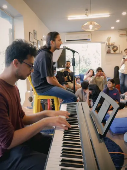 A student duo on keyboard and vocals, performing for their peers and family. These collaborative performances are a highlight of our recitals.