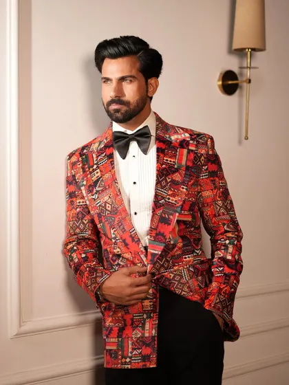 A profile view showcasing the silhouette of our unique Cantaloupe Tuxedo.