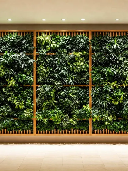 A three-panel artificial green wall set within a wooden frame. This modular approach is perfect for covering large walls and creating a significant natural impact.