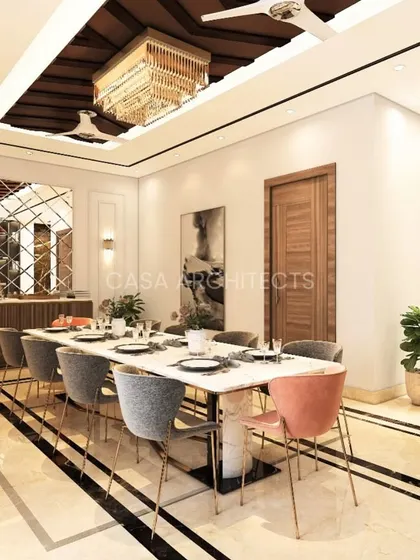 A 3D render of a formal dining room featuring a mirrored wall that adds depth, classic wall sconces, and a beautiful wooden buffet for storage.