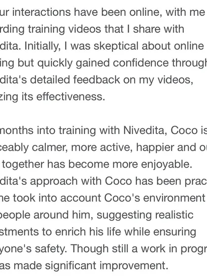 Meghana's review highlights how online training was effective and how the practical, realistic adjustments helped Coco become calmer and happier.