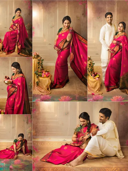 A collage of artistic traditional maternity portraits. The mother-to-be is featured in a beautiful pink saree, capturing moments of grace, love, and anticipation.